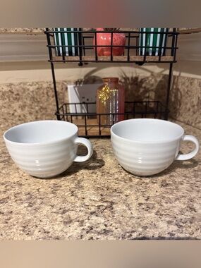 Set of 2 Crate and Barrel Roulette White Spal Porcelain Ribbed Cups